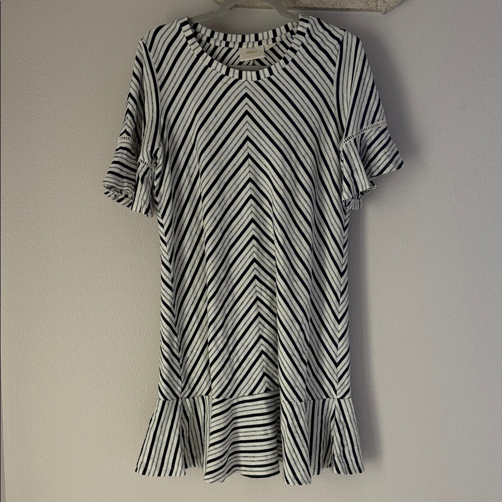 Maeve Anthropologie Navy White Striped Ruffle Hem Dress Large